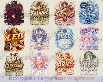 Anime-stijl sterrenbeelden png-bundel, 12 astrologische tekens clipart, hemelse T-shirtontwerpen, sublimatie png, afdrukbare dierenriemkunst