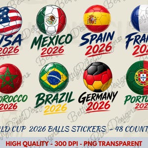 Könnte beinhalten: Fußbälle mit Flaggen verschiedener Länder, darunter USA, Mexiko, Spanien, Frankreich, Marokko, Brasilien, Deutschland und Portugal. Jedes zeigt das Jahr 2026. Das Bild ist mit "World Cup 2026 Balls Stickers" beschriftet.