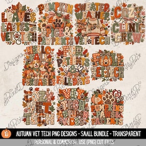 Puede incluir: Una colección de once diseños gráficos con temática otoñal que incluyen textos como Leaves Lattes Vet Tech, Pumpkin Spice & Paw Prints, Sweater Weather Vet Tech, Cozy Clinic Crew, Hello Fall Fur Babies, Fur Patients & Fall Days, Fall Vet Tech, Cozy Vet Tech, Vet Tech Autumn Vibes y Pumpkins Paws & Patients, decorados con calabazas, hojas, estetoscopios y huellas de patas en patrones de cuadros y tartán.