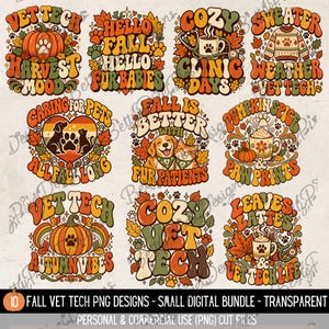 Puede incluir: Una colección digital de nueve diseños gráficos con temática otoñal que incluyen calabazas, tazas de café, estetoscopios, suéteres, perros y gatos con textos como Vet Tech Harvest Mood, Hello Fall, Cozy Clinic Days y Pumpkin Spice.