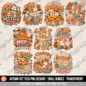 Puede incluir: Una colección de diez diseños gráficos digitales con ilustraciones otoñales de cachorros y gatitos con calabazas, tazas de café, estetoscopios y hojas de otoño. El texto incluye frases como Cozy Vet Tech Club, Fur Patients & Fall Vibes, Hello Pumpkin, Leaves Lattes & Puppy Love, Pumpkin Spice & Puppy Snuggles, Sweater Weather, Cozy Clinic Cuties, Autumn Paws & Stethoscopes, Caring Season y Tiny Paws Big Heart.