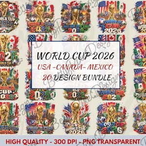 Könnte beinhalten: Eine Sammlung von 20 Designs zur Fußball-Weltmeisterschaft 2026. Jedes Design zeigt die Weltmeisterschaftstrophäe, Fußbälle, Flaggen der USA, Kanadas und Mexikos sowie den Text "World Cup 2026".