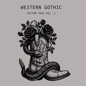 Puede incluir: Ilustración en blanco y negro de una bota de vaquero con una serpiente y rosas. La bota tiene un diseño de llamas. El texto "WESTERN GOTHIC VECTOR PACK VOL. 1" se encuentra en la parte superior.