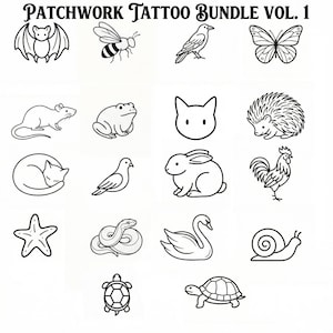 Może przedstawiać: Czarno-białe ilustracje liniowe różnych zwierząt i owadów, w tym nietoperza, pszczoły, ptaka, motyla, szczura, żaby, kota, jeża, kota, gołębia, królika, koguta, rozgwiazdy, węża, łabędzia, ślimaka, żółwia i żółwia. Tekst "PATCHWORK TATTOO BUNDLE VOL. 1" znajduje się na górze.