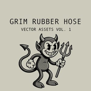 Könnte beinhalten: Schwarz-Weiß-Illustration eines Comic-Teufels mit einem Dreizack. Der Teufel hat Hörner, einen Schwanz und ein breites Grinsen. Der Text "GRIM RUBBER HOSE" steht oben und "VECTOR ASSETS VOL. 1" darunter. Der Hintergrund ist hellgrau.