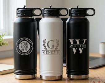 Personalized 32oz Water Bottle with Name, Custom Logo Engraved Insulated Flask, Corporate Bulk Gifts for Employees, Monogrammed Gym Bottle
