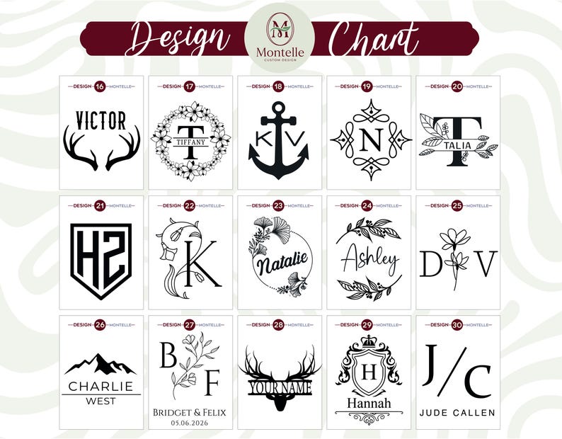 May include: A design chart showcasing black and white monogram and name designs. Designs include antlers, anchors, floral wreaths, initials, and names such as Victor, Tiffany, and Ashley. The words "Design Chart" are at the top.