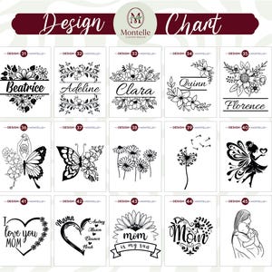 May include: A design chart with black and white illustrations. Designs include floral arrangements, butterflies, and text such as names and phrases like "I love you MOM" and "Mom is my sun."