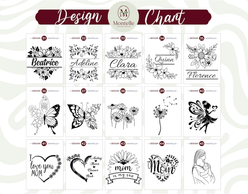 May include: A design chart with black and white illustrations. Designs include floral arrangements, butterflies, and text such as names and phrases like "I love you MOM" and "Mom is my sun."