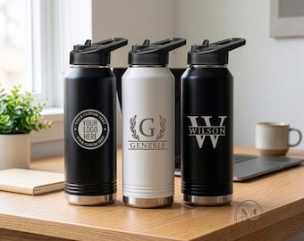 Personalized 32oz Water Bottle with Name, Custom Logo Engraved Insulated Flask, Corporate Bulk Gifts for Employees, Monogrammed Gym Bottle