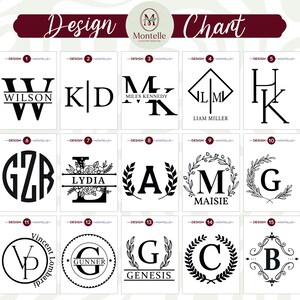 May include: A design chart showcasing 15 black and white monogram and initial designs. The chart includes diverse fonts and styles, with names and initials. The words "Design Chart" are displayed at the top of the image.