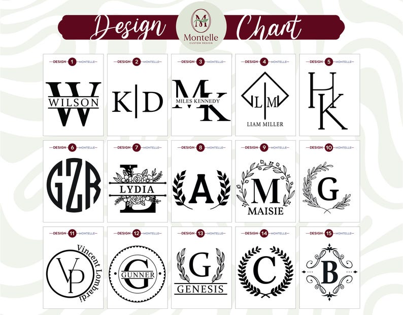 May include: A design chart showcasing 15 black and white monogram and initial designs. The chart includes diverse fonts and styles, with names and initials. The words "Design Chart" are displayed at the top of the image.