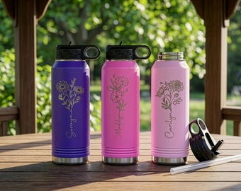 Personalized Birth Flower Water Bottle With name, Custom Laser Engraved Insulated Bottle, Birth Month Flower Gift , Bridesmaid Proposal