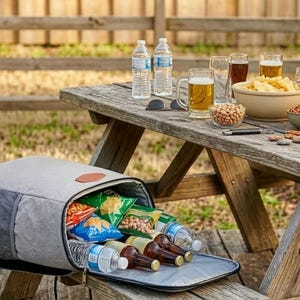 May include: A picnic scene with a wooden picnic table set with beer, snacks, and sunglasses. A grey cooler bag is open, spilling out snacks and drinks. The scene is set outdoors with a wooden fence in the background.