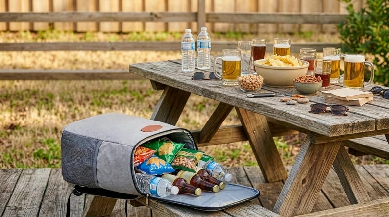May include: A picnic scene with a wooden picnic table set with beer, snacks, and sunglasses. A grey cooler bag is open, spilling out snacks and drinks. The scene is set outdoors with a wooden fence in the background.
