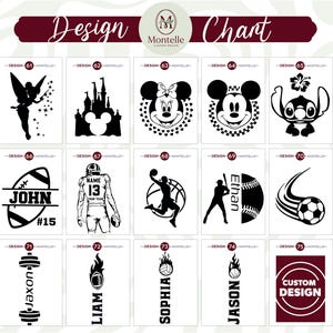 May include: A design chart displaying black and white illustrations. The designs include a fairy, a castle, cartoon characters, sports figures, and personalized text options. The chart is labelled "Design Chart" with a logo.