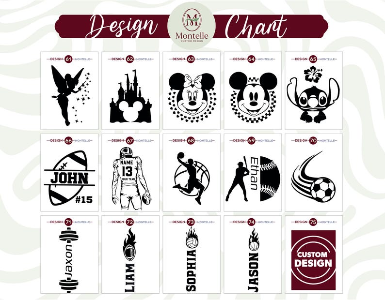 May include: A design chart displaying black and white illustrations. The designs include a fairy, a castle, cartoon characters, sports figures, and personalized text options. The chart is labelled "Design Chart" with a logo.