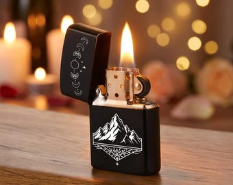 Personalized Celestial Mountain Engraved Lighter, Moon Phases Minimalist Lighter, Custom Name Laser Engraved Lighter, Nature Inspired Gift