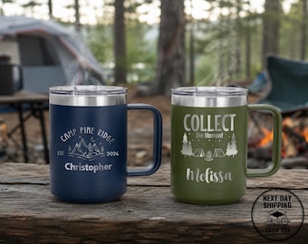 Personalized Camping Mug 15oz, Custom Engraved Insulated Stainless Steel Coffee Mug, Outdoor Adventure Cup, Camping Trip Gift, RV Camper Mug