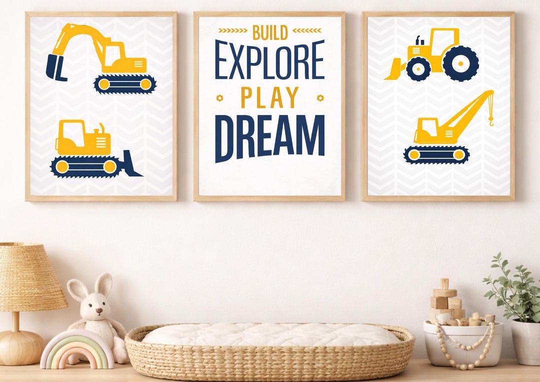 Modern Construction Nursery Wall Art Set, Build Explore Play Dream ...