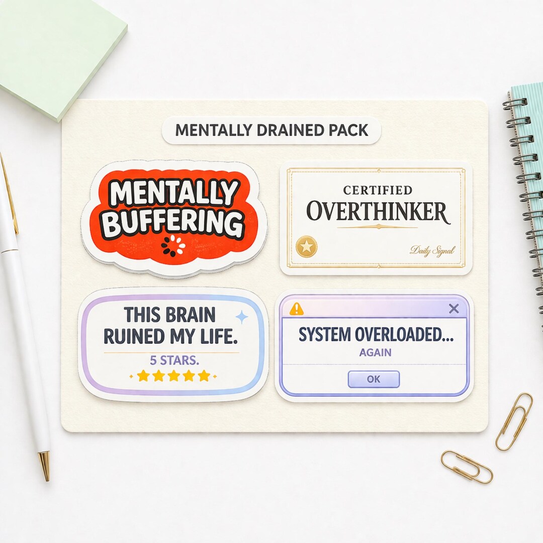 Mentally Drained Sticker Pack, Overthinking Humor Stickers, Brain Fog ...