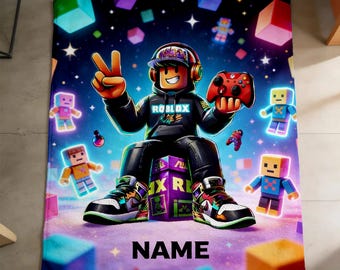 Personalized Roblox Gamer Blanket, Custom Name Block World Fleece Throw for Kids