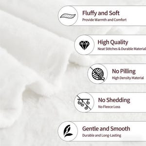 May include: Close-up of a white, fluffy blanket. Text on the right highlights features: Fluffy and Soft, High Quality, No Pilling, No Shedding, and Gentle and Smooth. The blanket appears to be made of a soft, durable material.