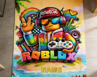Personalized Roblox Blanket, Gaming Kids Fleece Throw Birthday Gift for Gamers