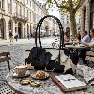 May include: A black and white cow print handbag with two long handles, sitting on a wooden table next to a ceramic cup of coffee, a small pastry on a plate, a brass compass, and an open notebook with lined pages and a brown leather cover.