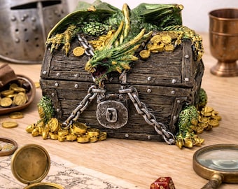 Drakeskattkista, fantasiförvaringslåda, medeltida dekor, smyckesask, gotisk drakefigur, D&D-present