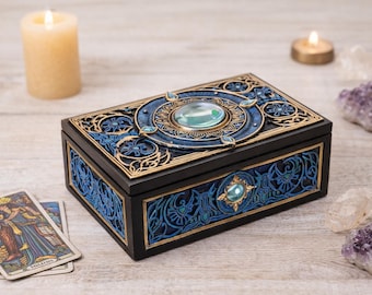 Allseende öga tarotkortslåda, trätarotförvaringslåda, mystisk spådomslåda, häxaltardekor, kristallförvaringslåda