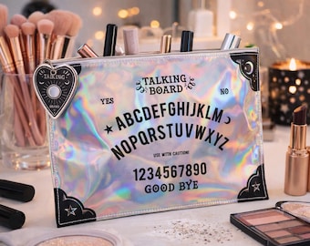 Ouija-stil sminkväska, Spirit Board-kosmetikpåse, holografisk dragkedjaväska, häxig resväska, gotisk sminkorganisatör