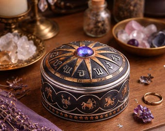 Stjärnteckensmyckesask med lock – Astrologiförvaringsask – Himmelsk dekoration – Horoskopsmyckesorganisatör – Unik present för astrologiälskare