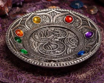 Ohm Incense Burner 5 Inch | Celtic Style Ash Catcher with Gemstones | Spiritual Meditation Decor | Yoga Altar Tray |