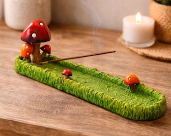 Red Mushroom Incense Holder – Whimsical Forest Incense Burner – Fairy Garden Decor – Boho Home Fragrance Tray – Gift for Nature Lovers