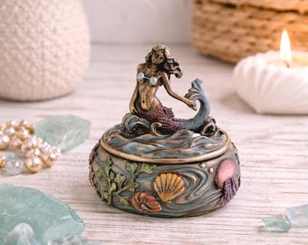 Sjöjungfruprydnadsask med havsmotiv | Kustdekoration, minneslåda | Nautisk förvaring | Strandhusdekor | Present till henne