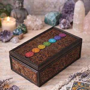 7 Chakra Tarot Card Box Wooden Engraved | Spiritual Storage Box | Crystal & Oracle Deck Holder | Meditation Gift | Boho Decor