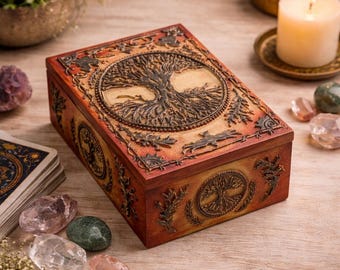 Livets träd tarotkortslåda | Tarotförvaringsfodral i trä | Andlig altardekoration | Häxlik minneslåda | Orakelkortlekshållare, gåva