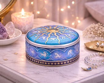 Blå stjärnteckensförvaringslåda, astrologiprydnadsask, himmelsk smyckesask, horoskoppresent, stjärnteckendekor, rund minnesask
