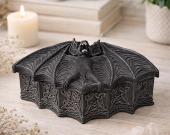 Förvaringslåda för vampyrfladdermus, gotisk dekor | Smyckeskrin för mörk fantasi | Prydnadsask för Halloween | Skräckinredning | Gotisk present