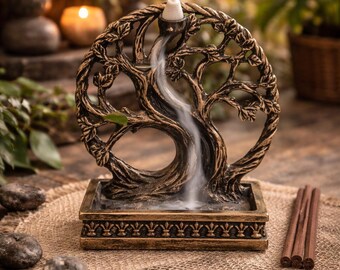 Quemador de incienso de reflujo con forma de árbol celta – Porta incienso del árbol de la vida – Quemador de humo en cascada – Decoración espiritual – Regalo para la meditación
