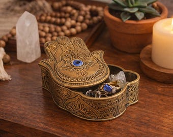 Hamsa handprydnadsask med öga | Boho smyckesförvaring | Dekorativ minnesask | Spirituell heminredning | Present till henne