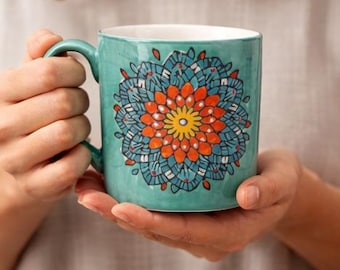 Turquoise Mandala Ceramic Mug, Hand-Painted Style Coffee Cup, Boho Floral Tea Mug, Colorful Artisan Drinkware, Anahata