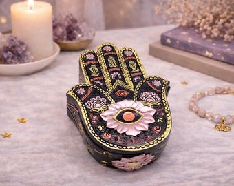 Hamsa hand smyckesask, onda ögat prydnadsskrin, guldrosa förvaringsask, andlig dekor, boho minnessakask, skyddande symbol gåva