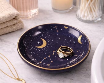 Mörklila stjärnprydnadsfat, himmelskt smyckesfat, konstellationsringhållare, natthimlen-fångstställ, astrologidekorationsgåva