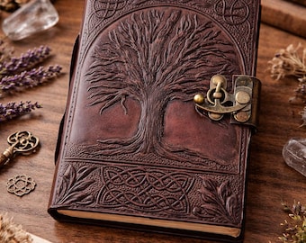 Livets träd läderjournal – Präglad keltisk anteckningsbok, vintage låsdagbok, handgjord skissbok, andlig gåva för författare