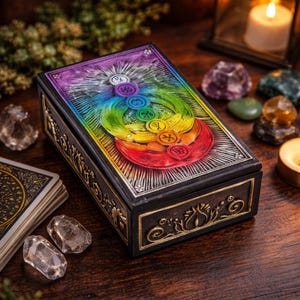 May include: A rectangular wooden box with a colorful chakra design on the lid. The box is black with gold-colored accents and is surrounded by crystals and candles. The chakra design features a rainbow of colors and symbols.