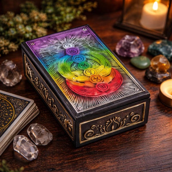 Caja para cartas del Tarot Chakra Arcoíris / Estuche de almacenamiento espiritual / Soporte para mazos hecho a mano / Decoración para altar de meditación / Regalo para amantes del Tarot