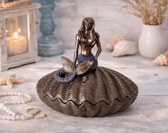 Sjöjungfrusmyckesask, snäckskalsprydnadsask, förvaringsask med havsdekor, kustnära sjöjungfruminne, strandgåva, nautisk sminklåda