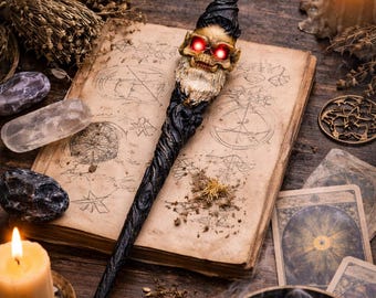 Wizard Skull Magic Wand, Gothic Sorcerer Wand, Fantasy Prop, Dark Wizard Decor, Halloween Costume Accessory, Handmade Wand